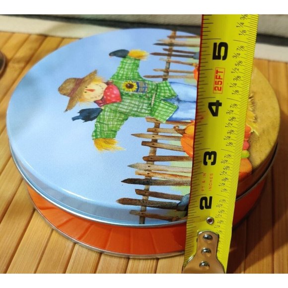 Scarecrow Pumpkin 7" Round Tin Can Container Barb Tourtillotte Illustrated Used - Picture 9 of 9